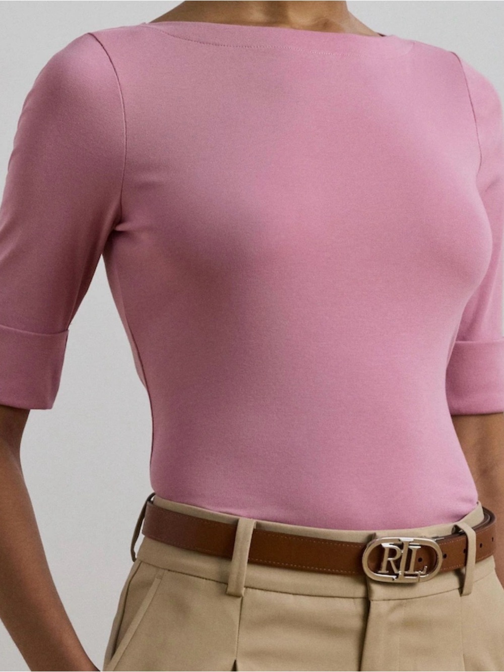 Ralph Lauren Women's Petite Boatneck Tee Stretch Cotton pink Size L NWT
